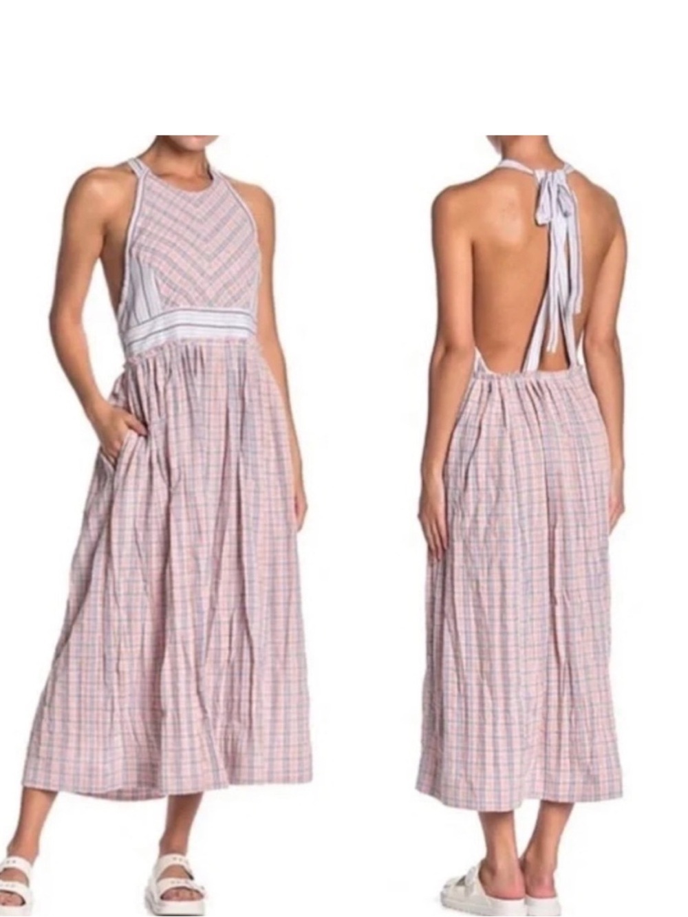 Women’s Pink Plaid Halter Backless Midi Dress